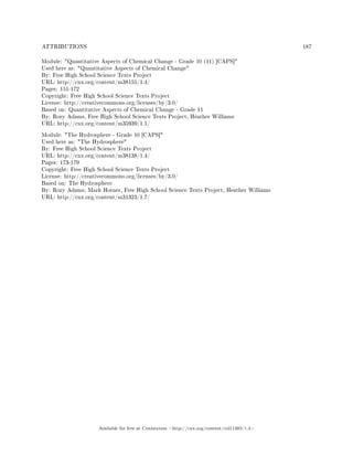 ATTRIBUTIONS 187
Module: Quantitative Aspects of Chemical Change - Grade 10 (11) [CAPS]
Used here as: Quantitative Aspects of Chemical Change
By: Free High School Science Texts Project
URL: http://cnx.org/content/m38155/1.4/
Pages: 151-172
Copyright: Free High School Science Texts Project
License: http://creativecommons.org/licenses/by/3.0/
Based on: Quantitative Aspects of Chemical Change - Grade 11
By: Rory Adams, Free High School Science Texts Project, Heather Williams
URL: http://cnx.org/content/m35939/1.1/
Module: The Hydrosphere - Grade 10 [CAPS]
Used here as: The Hydrosphere
By: Free High School Science Texts Project
URL: http://cnx.org/content/m38138/1.4/
Pages: 173-179
Copyright: Free High School Science Texts Project
License: http://creativecommons.org/licenses/by/3.0/
Based on: The Hydrosphere
By: Rory Adams, Mark Horner, Free High School Science Texts Project, Heather Williams
URL: http://cnx.org/content/m31323/1.7/
Available for free at Connexions http://cnx.org/content/col11303/1.4
 