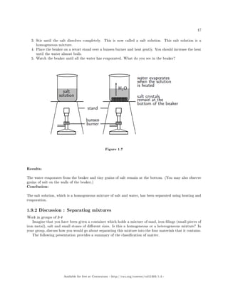 17
3. Stir until the salt dissolves completely. This is now called a salt solution. This salt solution is a
homogeneous mixture.
4. Place the beaker on a retort stand over a bunsen burner and heat gently. You should increase the heat
until the water almost boils.
5. Watch the beaker until all the water has evaporated. What do you see in the beaker?
Figure 1.7
Results:
The water evaporates from the beaker and tiny grains of salt remain at the bottom. (You may also observe
grains of salt on the walls of the beaker.)
Conclusion:
The salt solution, which is a homogeneous mixture of salt and water, has been separated using heating and
evaporation.
1.9.2 Discussion : Separating mixtures
Work in groups of 3-4
Imagine that you have been given a container which holds a mixture of sand, iron lings (small pieces of
iron metal), salt and small stones of dierent sizes. Is this a homogeneous or a heterogeneous mixture? In
your group, discuss how you would go about separating this mixture into the four materials that it contains.
The following presentation provides a summary of the classication of matter.
Available for free at Connexions http://cnx.org/content/col11303/1.4
 