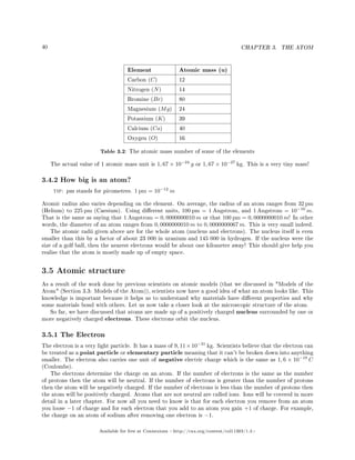 40 CHAPTER 3. THE ATOM
Element Atomic mass (u)
Carbon (C) 12
Nitrogen (N) 14
Bromine (Br) 80
Magnesium (Mg) 24
Potassium (K) 39
Calcium (Ca) 40
Oxygen (O) 16
Table 3.2: The atomic mass number of some of the elements
The actual value of 1 atomic mass unit is 1, 67 × 10−24
g or 1, 67 × 10−27
kg. This is a very tiny mass!
3.4.2 How big is an atom?
tip: pm stands for picometres. 1 pm = 10−12
m
Atomic radius also varies depending on the element. On average, the radius of an atom ranges from 32 pm
(Helium) to 225 pm (Caesium). Using dierent units, 100 pm = 1 Angstrom, and 1 Angstrom = 10−10
m.
That is the same as saying that 1 Angstrom = 0, 0000000010 m or that 100 pm = 0, 0000000010 m! In other
words, the diameter of an atom ranges from 0, 0000000010 m to 0, 0000000067 m. This is very small indeed.
The atomic radii given above are for the whole atom (nucleus and electrons). The nucleus itself is even
smaller than this by a factor of about 23 000 in uranium and 145 000 in hydrogen. If the nucleus were the
size of a golf ball, then the nearest electrons would be about one kilometer away! This should give help you
realise that the atom is mostly made up of empty space.
3.5 Atomic structure
As a result of the work done by previous scientists on atomic models (that we discussed in Models of the
Atom (Section 3.3: Models of the Atom)), scientists now have a good idea of what an atom looks like. This
knowledge is important because it helps us to understand why materials have dierent properties and why
some materials bond with others. Let us now take a closer look at the microscopic structure of the atom.
So far, we have discussed that atoms are made up of a positively charged nucleus surrounded by one or
more negatively charged electrons. These electrons orbit the nucleus.
3.5.1 The Electron
The electron is a very light particle. It has a mass of 9, 11×10−31
kg. Scientists believe that the electron can
be treated as a point particle or elementary particle meaning that it can't be broken down into anything
smaller. The electron also carries one unit of negative electric charge which is the same as 1, 6 × 10−19
C
(Coulombs).
The electrons determine the charge on an atom. If the number of electrons is the same as the number
of protons then the atom will be neutral. If the number of electrons is greater than the number of protons
then the atom will be negatively charged. If the number of electrons is less than the number of protons then
the atom will be positively charged. Atoms that are not neutral are called ions. Ions will be covered in more
detail in a later chapter. For now all you need to know is that for each electron you remove from an atom
you loose −1 of charge and for each electron that you add to an atom you gain +1 of charge. For example,
the charge on an atom of sodium after removing one electron is −1.
Available for free at Connexions http://cnx.org/content/col11303/1.4
 
