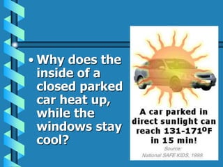• Why does the
inside of a
closed parked
car heat up,
while the
windows stay
cool?
 