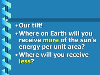 • Our tilt!
• Where on Earth will you
receive more of the sun’s
energy per unit area?
• Where will you receive
less?
 