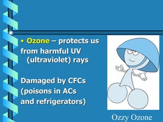 • Ozone – protects us
from harmful UV
(ultraviolet) rays
Damaged by CFCs
(poisons in ACs
and refrigerators)
Ozzy Ozone
 