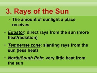 3. Rays of the Sun
- The amount of sunlight a place
receives
• Equator: direct rays from the sun (more
heat/radiation)
• Temperate zone: slanting rays from the
sun (less heat)
• North/South Pole: very little heat from
the sun
 