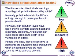 © Boardworks Ltd 200621 of 35
How does air pollution affect health?
Normally, pollution levels in the UK are
not high enough to cause problems to
people’s health.
People who know they are sensitive to
pollutants are advised to take precautions
when air pollution levels are high,
Weather reports often include warnings
about high air pollution levels. Why is this?
high
However, high pollution levels have
been shown to irritate existing heart and
respiratory problems. Air pollution can
even cause premature death in the
vulnerable or elderly.
low
moderate
such as not to exercise outside.
 