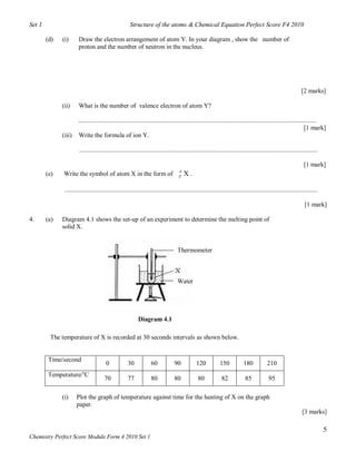 Set 1                                                  Structure of the atoms & Chemical Equation Perfect Score F4 2010

        (d)   (i)      Draw the electron arrangement of atom Y. In your diagram , show the number of
                       proton and the number of neutron in the nucleus.




                                                                                                                                                                  [2 marks]

              (ii)     What is the number of valence electron of atom Y?

                    .....................................................................................................................................................
                                                                                                                                                                 [1 mark]
              (iii) Write the formula of ion Y.

                        .....................................................................................................................................................

                                                                                                                                                                    [1 mark]
                                                                                      A
        (e)   Write the symbol of atom X in the form of                               Z   X.

               ..............................................................................................................................................................

                                                                                                                                                                    [1 mark]

4.      (a)   Diagram 4.1 shows the set-up of an experiment to determine the melting point of
              solid X.


                                                                                     Thermometer



                                                                                     Water




                                                            Diagram 4.1

         The temperature of X is recorded at 30 seconds intervals as shown below.


         Time/second
                                        0             30            60             90            120           150            180            210
         Temperature/oC
                                       70             77            80             80             80             82            85             95

              (i)     Plot the graph of temperature against time for the heating of X on the graph
                      paper.
                                                                                                                                                                   [3 marks]

                                                                                                                                                                                5
Chemistry Perfect Score Module Form 4 2010 Set 1
 