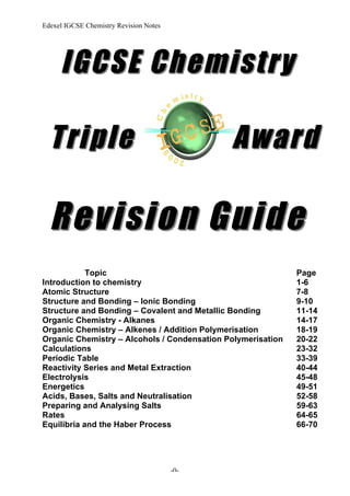 Edexel IGCSE Chemistry Revision Notes
-0-
IGCSE
IGCSE Chemistry
Chemistry
Triple
Triple Award
Award
Revision Guide
Revision Guide
Topic Page
Introduction to chemistry 1-6
Atomic Structure 7-8
Structure and Bonding – Ionic Bonding 9-10
Structure and Bonding – Covalent and Metallic Bonding 11-14
Organic Chemistry - Alkanes 14-17
Organic Chemistry – Alkenes / Addition Polymerisation 18-19
Organic Chemistry – Alcohols / Condensation Polymerisation 20-22
Calculations 23-32
Periodic Table 33-39
Reactivity Series and Metal Extraction 40-44
Electrolysis 45-48
Energetics 49-51
Acids, Bases, Salts and Neutralisation 52-58
Preparing and Analysing Salts 59-63
Rates 64-65
Equilibria and the Haber Process 66-70
 