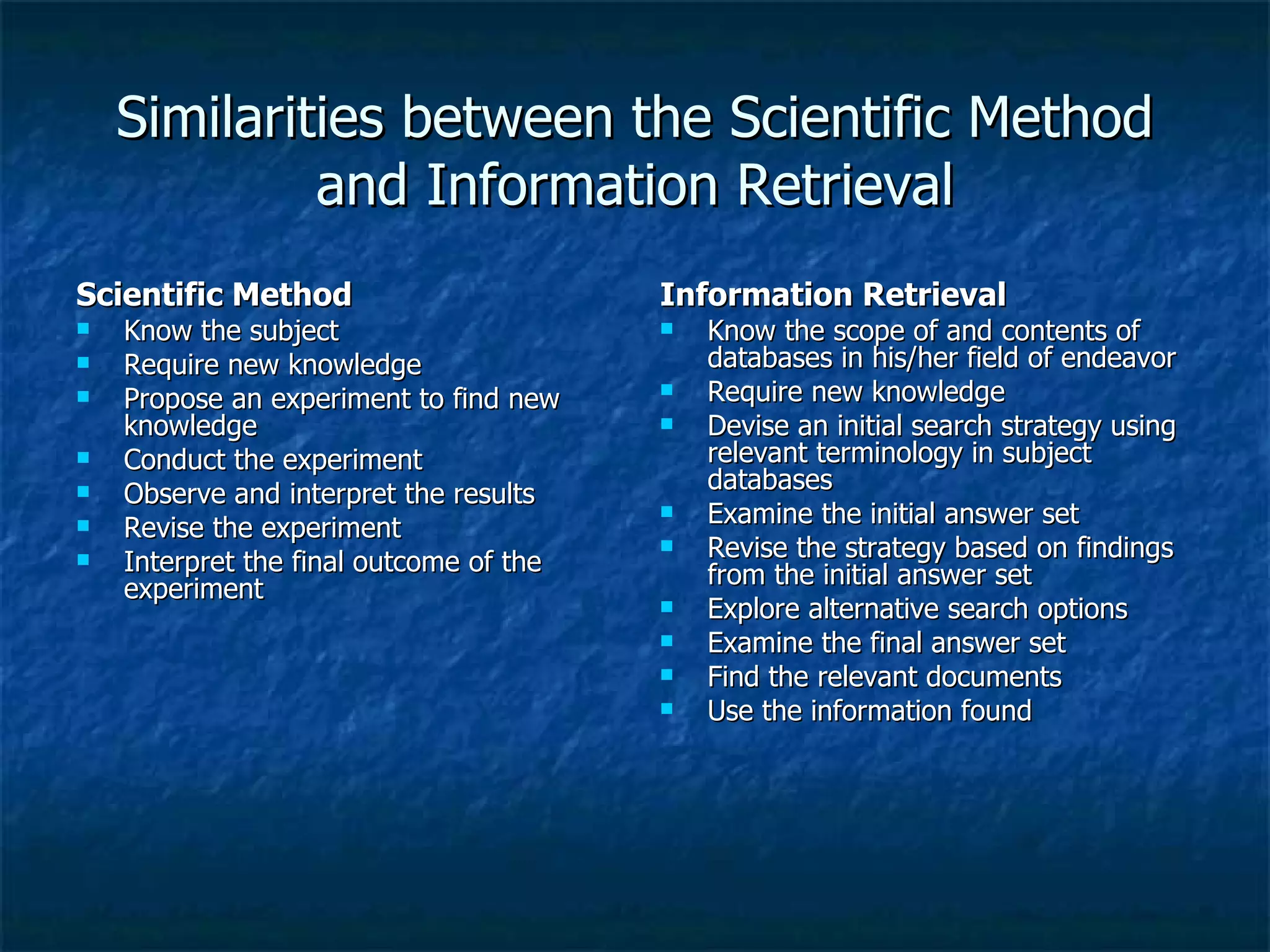Similarities between the Scientific Method and Information Retrieval Scientific Method Know the subject  Require new knowledge  Propose an experiment to find new knowledge  Conduct the experiment  Observe and interpret the results  Revise the experiment  Interpret the final outcome of the experiment  Information Retrieval Know the scope of and contents of databases in his/her field of endeavor  Require new knowledge  Devise an initial search strategy using relevant terminology in subject databases  Examine the initial answer set  Revise the strategy based on findings from the initial answer set  Explore alternative search options  Examine the final answer set  Find the relevant documents  Use the information found   