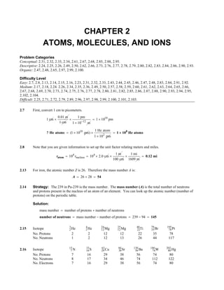 CHAPTER 2
ATOMS, MOLECULES, AND IONS
Problem Categories
Conceptual: 2.31, 2.32, 2.33, 2.34, 2.61, 2.67, 2.68, 2.85, 2.88, 2.95.
Descriptive: 2.24, 2.25, 2.26, 2.49, 2.50, 2.62, 2.66, 2.73, 2.76, 2.77, 2.78, 2.79, 2.80, 2.82, 2.83, 2.84, 2.86, 2.90, 2.93.
Organic: 2.47, 2.48, 2.65, 2.97, 2.99, 2.100.
Difficulty Level
Easy: 2.7, 2.8, 2.13, 2.14, 2.15, 2.16, 2.23, 2.31, 2.32, 2.33, 2.43, 2.44, 2.45, 2.46, 2.47, 2.48, 2.83, 2.84, 2.91, 2.92.
Medium: 2.17, 2.18, 2.24. 2.26, 2.34, 2.35, 2.36, 2.49, 2.50, 2.57, 2.58, 2.59, 2.60, 2.61, 2.62, 2.63, 2.64, 2.65, 2.66,
2.67, 2.68, 2.69, 2.70, 2.73, 2.74, 2.75, 2.76, 2.77, 2.78, 2.80, 2.81, 2.82, 2.85, 2.86, 2.87, 2.88, 2.90, 2.93, 2.94, 2.95,
2.102, 2.104.
Difficult: 2.25, 2.71, 2.72, 2.79, 2.89, 2.96, 2.97, 2.98, 2.99, 2.100, 2.101, 2.103.
2.7 First, convert 1 cm to picometers.
10
12
0.01 m 1 pm
1 cm 1 10 pm
1 cm 1 10 m
−
× × = ×
×
10
2
1 He atom
(1 10 pm)
1 10 pm
= × × =
×
8
? He atoms 1 10 He atoms
×
2.8 Note that you are given information to set up the unit factor relating meters and miles.
4 4
nucleus
1 m 1 mi
10 10 2.0 cm
100 cm 1609 m
= = × × × =
atom 0.12 mi
r
r
2.13 For iron, the atomic number Z is 26. Therefore the mass number A is:
A = 26 + 28 = 54
2.14 Strategy: The 239 in Pu-239 is the mass number. The mass number (A) is the total number of neutrons
and protons present in the nucleus of an atom of an element. You can look up the atomic number (number of
protons) on the periodic table.
Solution:
mass number = number of protons + number of neutrons
number of neutrons = mass number − number of protons = 239 − 94 = 145
2.15 Isotope 3
2He 4
2He 24
12Mg 25
12Mg 48
22Ti 79
35Br 195
78Pt
No. Protons 2 2 12 12 22 35 78
No. Neutrons 1 2 12 13 26 44 117
2.16 Isotope 7
15
N 16
33
S 29
63
Cu 38
84
Sr 56
130
Ba 74
186
W 80
202
Hg
No. Protons 7 16 29 38 56 74 80
No. Neutrons 8 17 34 46 74 112 122
No. Electrons 7 16 29 38 56 74 80
 