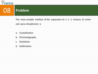 08   Problem

     The most suitable method of the separation of a 1 : 1 mixture of ortho-
     and para-nitrophenols is


     a. Crystallization
     b. Chromatography
     c. Distillation
     d. Sublimation.
 
