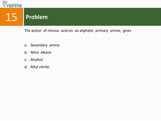 15   Problem

     The action of nitrous acid on an aliphatic primary amine, gives


     a. Secondary amine
     b. Nitro alkane
     c. Alcohol
     d. Alkyl nitrite.
 