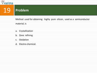 19   Problem

     Method used for obtaining highly pure silicon, used as a semiconductor
     material, is


     a. Crystallization
     b. Zone refining
     c. Oxidation
     d. Electro-chemical.
 