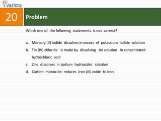20   Problem

     Which one of the following statements is not correct?


     a. Mercury (II) iodide dissolves in excess of potassium iodide solution
     b. Tin (IV) chloride is made by dissolving tin solution in concentrated
        hydrochloric acid
     c. Zinc dissolves in sodium hydroxides solution
     d. Carbon monoxide reduces iron (III) oxide to iron.
 