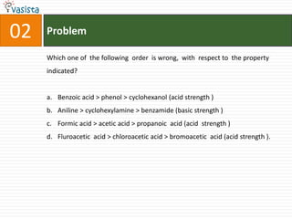 02   Problem

     Which one of the following order is wrong, with respect to the property
     indicated?


     a. Benzoic acid > phenol > cyclohexanol (acid strength )
     b. Aniline > cyclohexylamine > benzamide (basic strength )
     c. Formic acid > acetic acid > propanoic acid (acid strength )
     d. Fluroacetic acid > chloroacetic acid > bromoacetic acid (acid strength ).
 