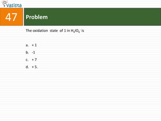 47   Problem

     The oxidation state of 1 in H4IO6- is


     a. + 1
     b. -1
     c. + 7
     d. + 5.
 