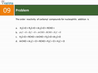 Problem09The order  reactivity  of carbonyl  compounds for nucleophilic  addition  is H2C=O > R2C=O > Ar2C=O > RCHO >.H2C=O > RCHO > ArCHO > R2C=O >Ar2C=OArCHO > Ar2C = O > RCHO > R2C = O > H2C = O