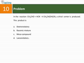 Problem10In the  reaction  CH3CHO + HCN  -> CH3CH(OH)CN, a chiral  center is  produced.  This  product is  Dextrorotatory Racemic mixture Meso compoundLaevorotatory .
