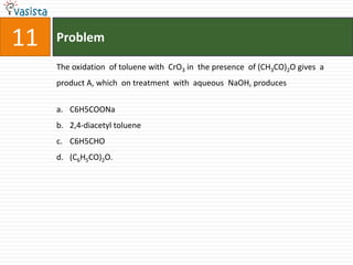 Problem11The oxidation  of toluene with  CrO3 in  the presence  of (CH3CO)2O gives  a product A, which  on treatment  with  aqueous  NaOH, produces  C6H5COONa2,4-diacetyl tolueneC6H5CHO(C6H5CO)2O.