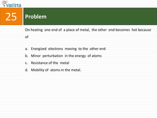 Problem25On heating  one end of  a place of metal,  the other  end becomes  hot because of  Energized  electrons  moving  to the  other end  Minor  perturbation  in the energy  of atoms Resistance of the  metal Mobility of  atoms in the metal.