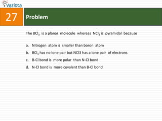 Problem27The BCl3  is a planar  molecule  whereas  NCl3 is  pyramidal  because  Nitrogen  atom is  smaller than boron  atom BCl3 has no lone pair but NCl3 has a lone pair  of electrons B-Cl bond is  more polar  than N-CI bondN-Cl bond is  more covalent than B-Cl bond