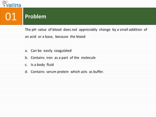 01ProblemThe pH  value  of blood  does not  appreciably  change  by a small addition  of an acid  or a base,  because  the blood Can be  easily  coagulated Contains  iron  as a part  of the  molecule Is a body  fluidContains  serum protein  which acts  as buffer.