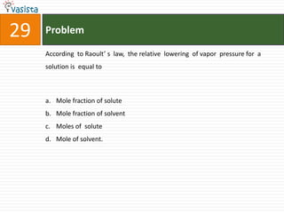 Problem29According  to Raoult’ s  law,  the relative  lowering  of vapor  pressure for  a solution is  equal to Mole fraction of solute Mole fraction of solvent Moles of  solute  Mole of solvent.