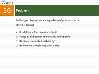 Problem36An ideal gas, obeying kinetic energy theory of gases can  not be liquefied, because It  solidifies before becoming a  liquidForces acting between its molecules are negligible Its critical temperature is above 00CIts molecules are relatively small in size .