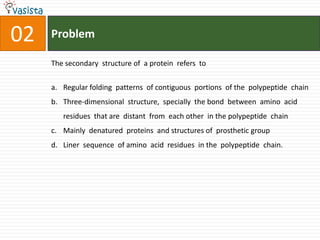 Problem02The secondary  structure of  a protein  refers  to  Regular folding  patterns  of contiguous  portions  of the  polypeptide  chain Three-dimensional  structure,  specially  the bond  between  amino  acid residues  that are  distant  from  each other  in the polypeptide  chain Mainly  denatured  proteins  and structures of  prosthetic groupLiner  sequence  of amino  acid  residues  in the  polypeptide  chain.