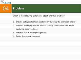 Problem04Which of the  following  statements  about  enzymes  are true? Enzyme  catalyse chemical  reactions by  lowering  the activation  energy Enzymes  are highly  specific  both in  binding  chiral  substrates  and in  catalyzing  their  reactions Enzymes  lack in nucleophilic groupsPepsin  is proteolytic enzyme. 