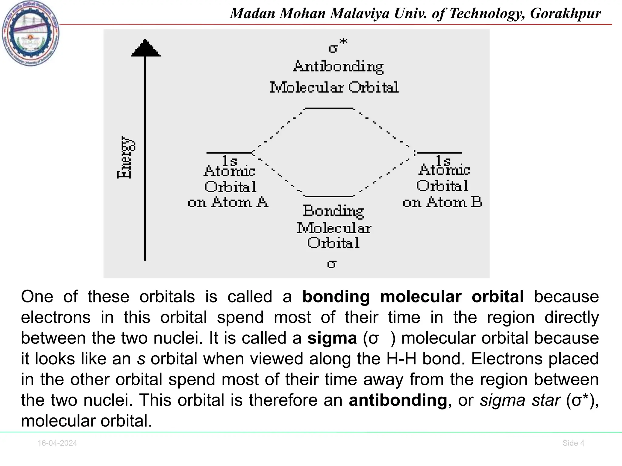 16-04-2024 Side 4
Madan Mohan Malaviya Univ. of Technology, Gorakhpur
One of these orbitals is called a bonding molecular orbital because
electrons in this orbital spend most of their time in the region directly
between the two nuclei. It is called a sigma (σ ) molecular orbital because
it looks like an s orbital when viewed along the H-H bond. Electrons placed
in the other orbital spend most of their time away from the region between
the two nuclei. This orbital is therefore an antibonding, or sigma star (σ*),
molecular orbital.
 