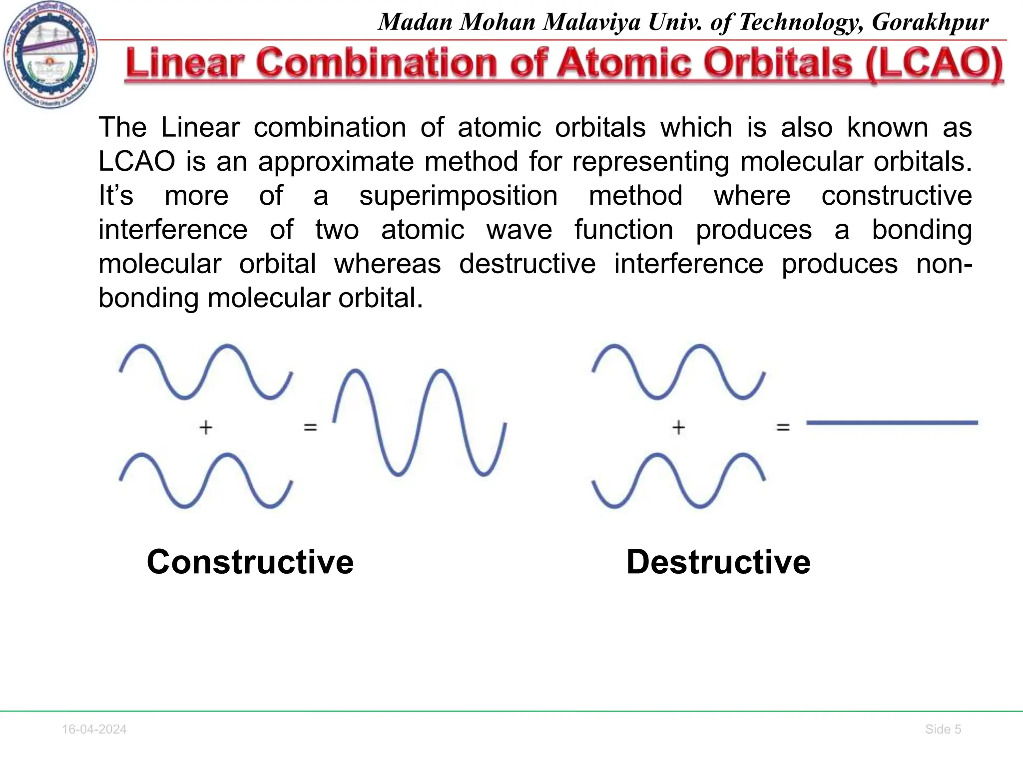 16-04-2024 Side 5
Madan Mohan Malaviya Univ. of Technology, Gorakhpur
The Linear combination of atomic orbitals which is also known as
LCAO is an approximate method for representing molecular orbitals.
It’s more of a superimposition method where constructive
interference of two atomic wave function produces a bonding
molecular orbital whereas destructive interference produces non-
bonding molecular orbital.
Constructive Destructive
 