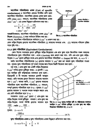 1000 I~ v·= 1000 I
c c
~~ A=x:xV
1000 K 
-----· (4. 7)
c
~ 9ift:iql~l11 ~ I "PIJ 91f<l;ql~til'A ~-.;qs ~9f ~~ ~ ~ I
A=x:xv=.! x !:_ ·x V
R A
=ohm-1 cm"
lcm
'54lweflf?!>;qs!l<A,~~ +tf<l;ql~l'SI ~~ ohm" C<IS ·
~ (Siemens), S Q' ;q~ ICii ~ ~ ~ 1 fAr ~.) 1-4"11,,..t'lltlilfiti-.~ "tftac1ft61
"i!Sf"'!)!l'Cf, ~~ 9fH<ql~IC4 <q~ltii S cm·1 ~ ~ ~ ~ 1
~ ·-~ ~ "i5ftt~ 91H<ql~I (i) "4141Cii'A ~ ~~ (ii) '54liltii'A 'lif?!>c;q•t ~
~~9"1i I
s.~.~ ~ 91ft:iqt~•I (Equivalent Conductanc:e)
~ ~ i.iiiillilll'A li'CfCct ~ ·-Mc:U•1t1'A ~-. ~ "PIT ~ ~~ ~ '54liltii'A
YiH<ql~IC<P 'PIT 9fH<ql~I ~ I ~tCJ A (lambda) ~ ~ ~ 1lm I ~ ~'<qS ~ 'PIT •-
~ V cm3 ~ ~ ~ ~~ ~ ~~ +tH<ql~til x: (kappa)~~' A= K x V I
~ ~9ff'ili;qs 9ff°i;ql~IC4 (x) ·~ ~ V cm3 ~ ect ~ "PIT +tf°i;ql~I 9ftellt
~ I ~"PIT 91fi;qj~til'A 91'1' ~ ~ ~ ~ ~ MC<qt>iil ~ wrt I
~ ~' 1 ~-"PIT "Si ~..tU ·-MC:tC~J'A
9 cm3 ~ acrcct ~~I ~ ~ 1 cm
~~~·~~~Wftl.
f6aU9j(llm 9 1V ~ "4141tieii - ~
~ I ~ ~ ijCfCct Ml1Jillii <::llliltii'A ~
~ 1 cm3 I ~ ~' 1 crrr' ~ '54li1Cii'A
91H<ql~I wrt ~~ 91H<qlf~!)I, K I ~~Cf,
~ ~ 91fi;qj~c;e)I m 9x~ I ~~ V cm3
~~v~~~~~~~
~if ~ 91r{j;qj~I m v-« I
~~ 1000 cm3 acrcct C '2tl1r-"PIJ ~
·-~~~ ~1~-'PU~
·-~ ~ ~ ij'CfCct'i ~ ~ fAr 8.~ I lcm ~ ..... it Pt eft<llllltff ~
..... 9 cm3 "1f.P ~ 1.0 ttt1( 'piJ W ~
Rta:ICtiOt "tfiiCl~I ~. A=KX9
~lt"'lf't;• 91ft:iql~lt ~ (Unit of specific
conductance) I ~~ OOt'ff ~ 1tfit ~
~~ +tH<ql~til I ~9ff'ili:qs C1tttlff ~ Wit ~-
~ (ohm cm) 1 'Jl'!~Cf, ~9ff'ili:qs +tfi;ql~l'A ~~
ohm" cm" I ~'i ~"tqS;qs ~9f ~9ftiM ~ 1lm I
1 f I cm
K=-X-=-X-
R A ohm cm2
 