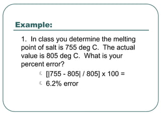 Example:
1. In class you determine the melting
point of salt is 755 deg C. The actual
value is 805 deg C. What is your
percent error?
 [|755 - 805| / 805] x 100 =
 6.2% error
 