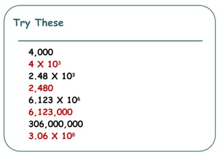 Try These
4,000
4 X 103
2.48 X 103
2,480
6.123 X 106
6,123,000
306,000,000
3.06 X 108
 
