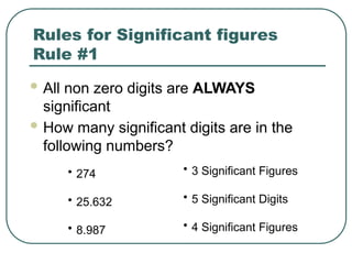 Rules for Significant figures
Rule #1
 All non zero digits are ALWAYS
significant
 How many significant digits are in the
following numbers?
• 274
• 25.632
• 8.987
• 3 Significant Figures
• 5 Significant Digits
• 4 Significant Figures
 