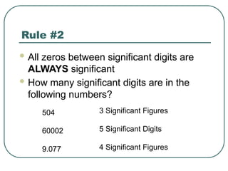 Rule #2
 All zeros between significant digits are
ALWAYS significant
 How many significant digits are in the
following numbers?
504
60002
9.077
3 Significant Figures
5 Significant Digits
4 Significant Figures
 