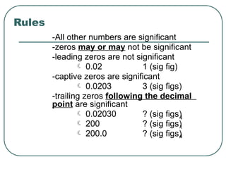 -All other numbers are significant
-zeros may or may not be significant
-leading zeros are not significant
 0.02 1 (sig fig)
-captive zeros are significant
 0.0203 3 (sig figs)
-trailing zeros following the decimal
point are significant
 0.02030 ? (sig figs)
 200 ? (sig figs)
 200.0 ? (sig figs)
4
1
4
Rules
 