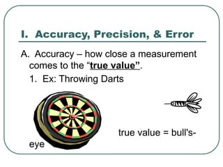 I. Accuracy, Precision, & Error
A. Accuracy – how close a measurement
comes to the “true value”.
1. Ex: Throwing Darts
true value = bull's-
eye
 