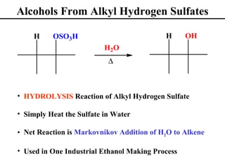 Alcohols From Alkyl Hydrogen Sulfates

    H     OSO3H                            H      OH
                          H2 O
                           ∆



• HYDROLYSIS Reaction of Alkyl Hydrogen Sulfate

• Simply Heat the Sulfate in Water

• Net Reaction is Markovnikov Addition of H2O to Alkene

• Used in One Industrial Ethanol Making Process
 