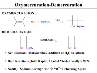 Oxymercuration-Demercuration
OXYMERCURATION:

                                            THF
        C   C   +   H2O   +   Hg(OAc)2

                                                   OH HgOAc

DEMERCURATION:

                              NaOH, NaBH4


            OH HgOAc                              OH H

 • Net Reaction: Markovnikov Addition of H2O to Alkene

 • Both Reactions Quite Rapid; Alcohol Yields Usually > 90%

 • NaBH4: Sodium Borohydride  “H¯” Delivering Agent
 