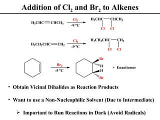 Addition of Cl2 and Br2 to Alkenes
                            Cl2     H3CHC     CHCH3
         H3CHC    CHCH3
                            -9 oC
                                        Cl    Cl


                             Cl2    H3CH2CHC        CH2
         H3CH2CHC    CH2
                            -9 oC
                                             Cl     Cl

                                       Br
                    Br2                H          + Enantiomer
                    -5 oC              H
                                       Br

• Obtain Vicinal Dihalides as Reaction Products

• Want to use a Non-Nucleophilic Solvent (Due to Intermediate)

    Important to Run Reactions in Dark (Avoid Radicals)
 