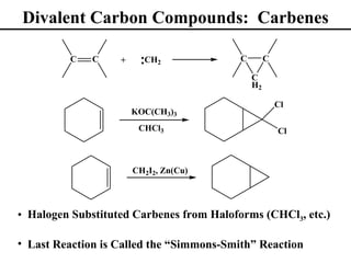 Divalent Carbon Compounds: Carbenes

         C    C    +     CH2              C        C

                                              C
                                              H2

                                                       Cl
                       KOC(CH3)3
                        CHCl3                          Cl



                       CH2I2, Zn(Cu)




• Halogen Substituted Carbenes from Haloforms (CHCl3, etc.)

• Last Reaction is Called the “Simmons-Smith” Reaction
 