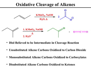 Oxidative Cleavage of Alkenes
                                            O
                          KMnO4, NaOH
                                        2
                            H2O, ∆              O


            1. KMnO4, NaOH                  O
                                                +   O     C   O
                      ∆
            2. H3O+

• Diol Believed to be Intermediate in Cleavage Reaction

• Unsubstituted Alkene Carbons Oxidized to Carbon Dioxide

• Monosubstituted Alkene Carbons Oxidized to Carboxylates

• Disubstituted Alkene Carbons Oxidized to Ketones
 