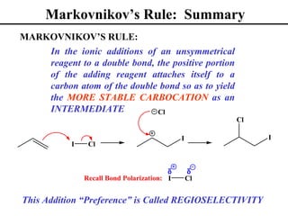 Markovnikov’s Rule: Summary
MARKOVNIKOV’S RULE:
    In the ionic additions of an unsymmetrical
    reagent to a double bond, the positive portion
    of the adding reagent attaches itself to a
    carbon atom of the double bond so as to yield
    the MORE STABLE CARBOCATION as an
    INTERMEDIATE              Cl
                                                       Cl

                                              I             I
            I    Cl


                                          δ       δ
                Recall Bond Polarization: I       Cl


This Addition “Preference” is Called REGIOSELECTIVITY
 