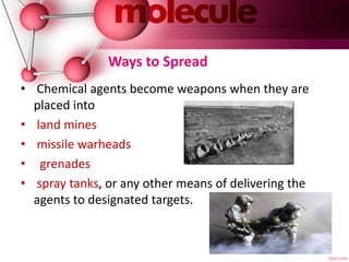 Ways to Spread
• Chemical agents become weapons when they are
placed into
• land mines
• missile warheads
• grenades
• spray tanks, or any other means of delivering the
agents to designated targets.
 