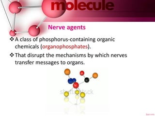 Nerve agents
A class of phosphorus-containing organic
chemicals (organophosphates).
That disrupt the mechanisms by which nerves
transfer messages to organs.
 