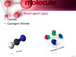 Blood agent types
• Cyanide
• Cyanogen chloride
 