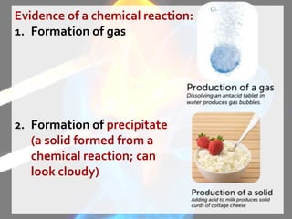 Evidence of a chemical reaction:
1. Formation of gas
2. Formation of precipitate
(a solid formed from a
chemical reaction; can
look cloudy)
 