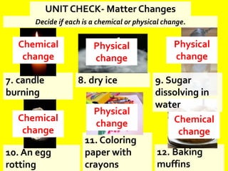 UNIT CHECK- Matter Changes
Decide if each is a chemical or physical change.
8. dry ice
12. Baking
muffins
11. Coloring
paper with
crayons
10. An egg
rotting
7. candle
burning
Physical
change
Physical
change
Physical
change
Chemical
change
Chemical
change
9. Sugar
dissolving in
water
Chemical
change
 