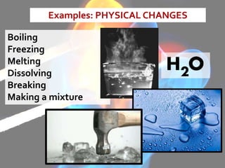 Examples: PHYSICAL CHANGES
Boiling
Freezing
Melting
Dissolving
Breaking
Making a mixture
 