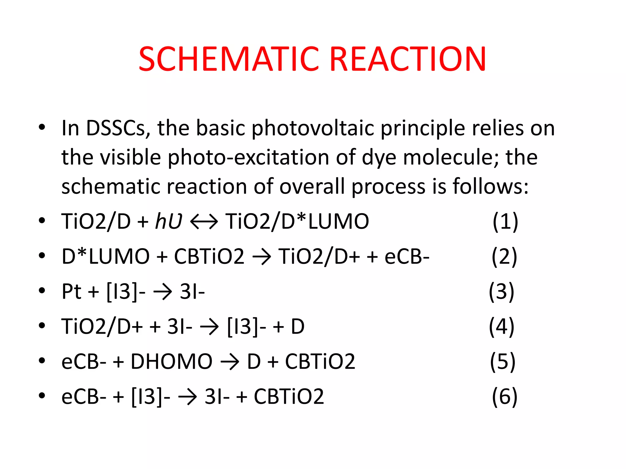 SCHEMATIC REACTION
• In DSSCs, the basic photovoltaic principle relies on
the visible photo-excitation of dye molecule; the
schematic reaction of overall process is follows:
• TiO2/D + hƲ ↔ TiO2/D*LUMO (1)
• D*LUMO + CBTiO2 → TiO2/D+ + eCB- (2)
• Pt + [I3]- → 3I- (3)
• TiO2/D+ + 3I- → [I3]- + D (4)
• eCB- + DHOMO → D + CBTiO2 (5)
• eCB- + [I3]- → 3I- + CBTiO2 (6)
 
